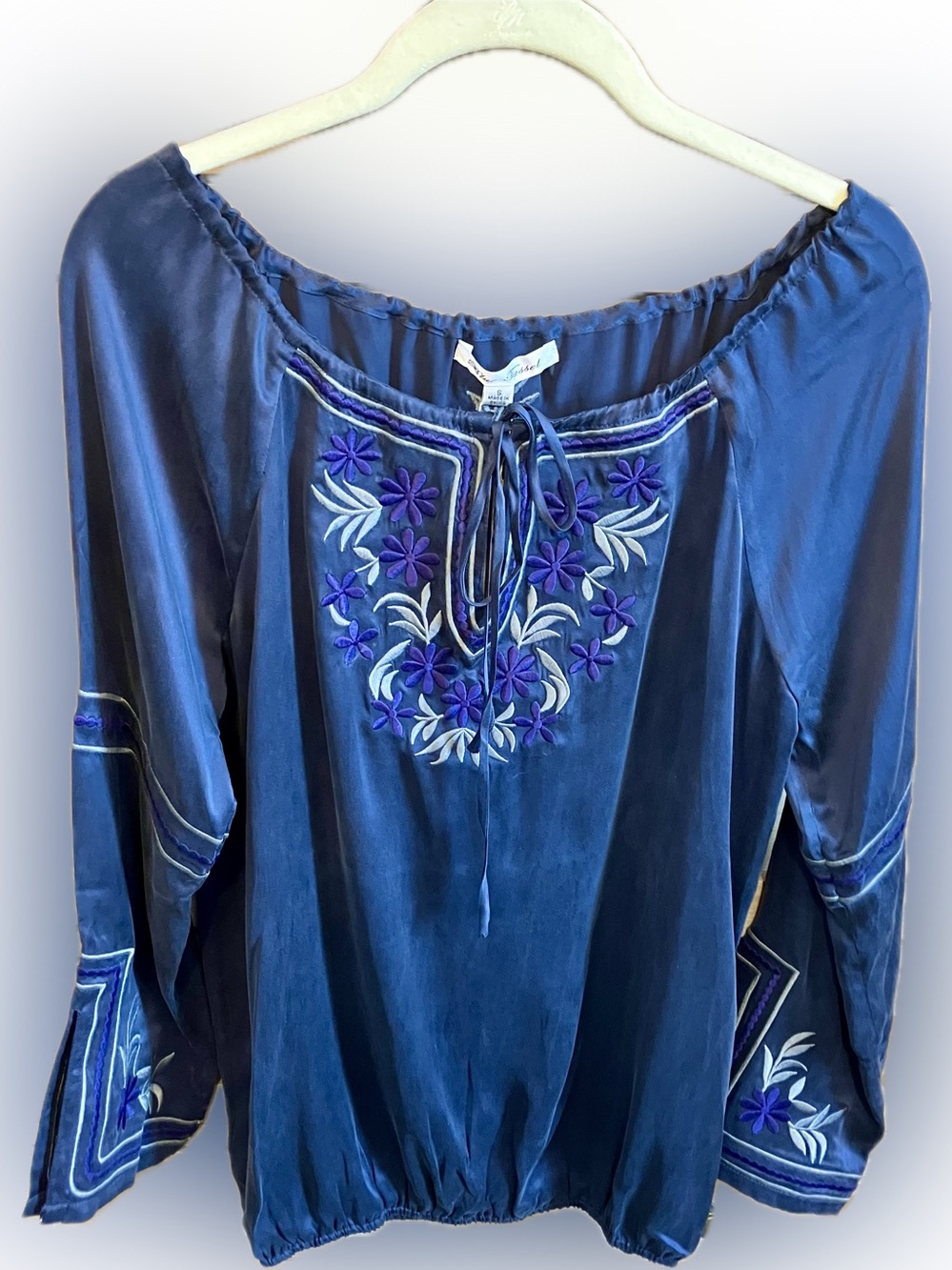 Embroidered Navy Blue Silk Peasant Blouse